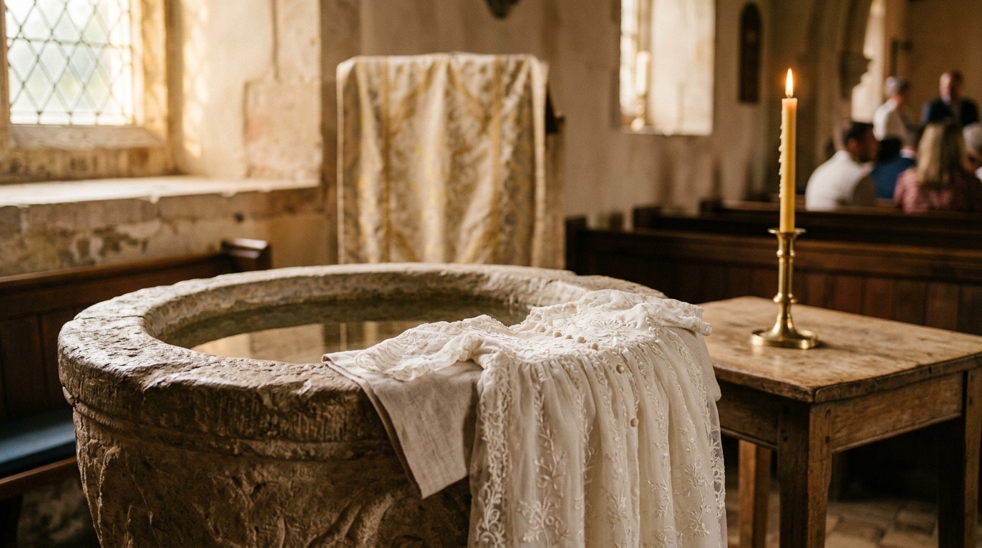 Brennende Taufkerze und ein weißes Taufkleid auf einem Taufstein in einer hellen Kirche