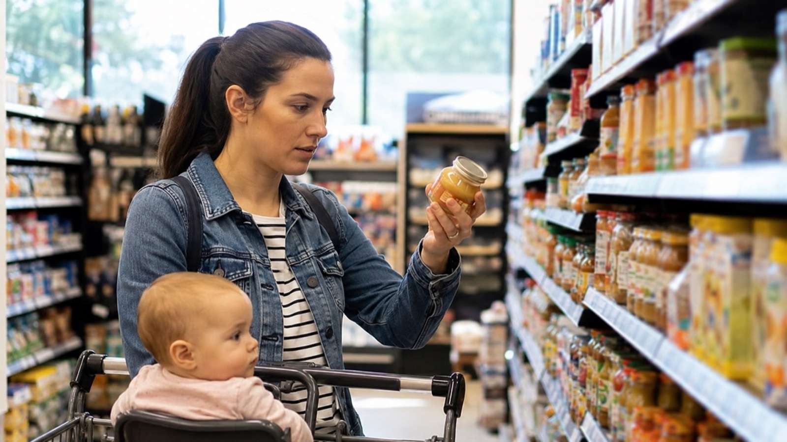Une mère lit attentivement l'étiquette d'un petit pot pour bébé au supermarché, son bébé assis dans le chariot.