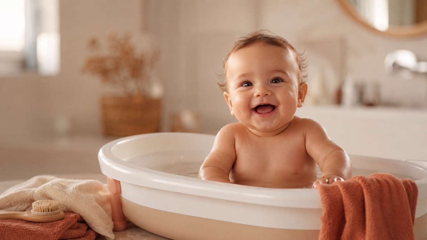 Glückliches Baby sitzt in einer Babybadewanne mit weichen Handtüchern in warmem Licht