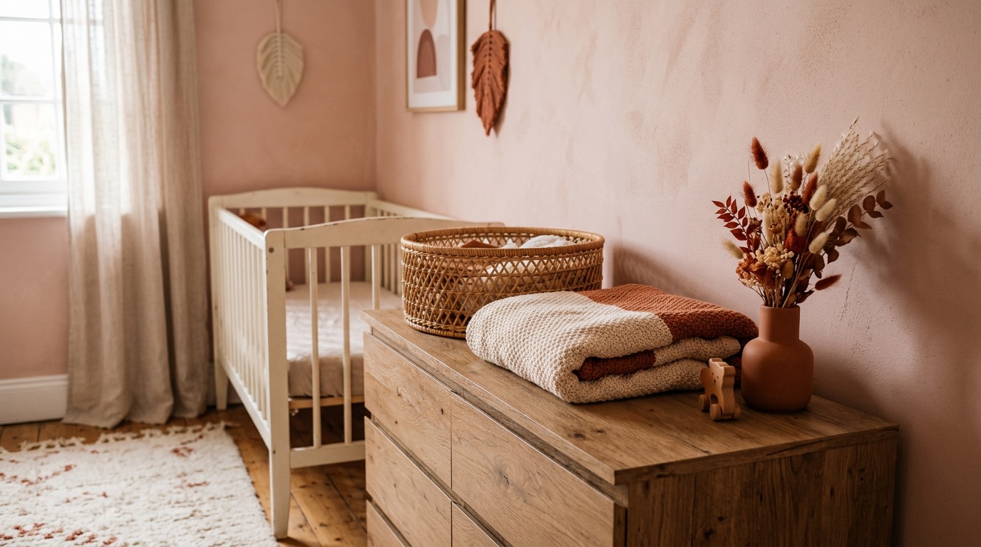 Zachte babykamer met wit ledikant, rieten mand en droogbloemen in warme blush- en terracottatinten