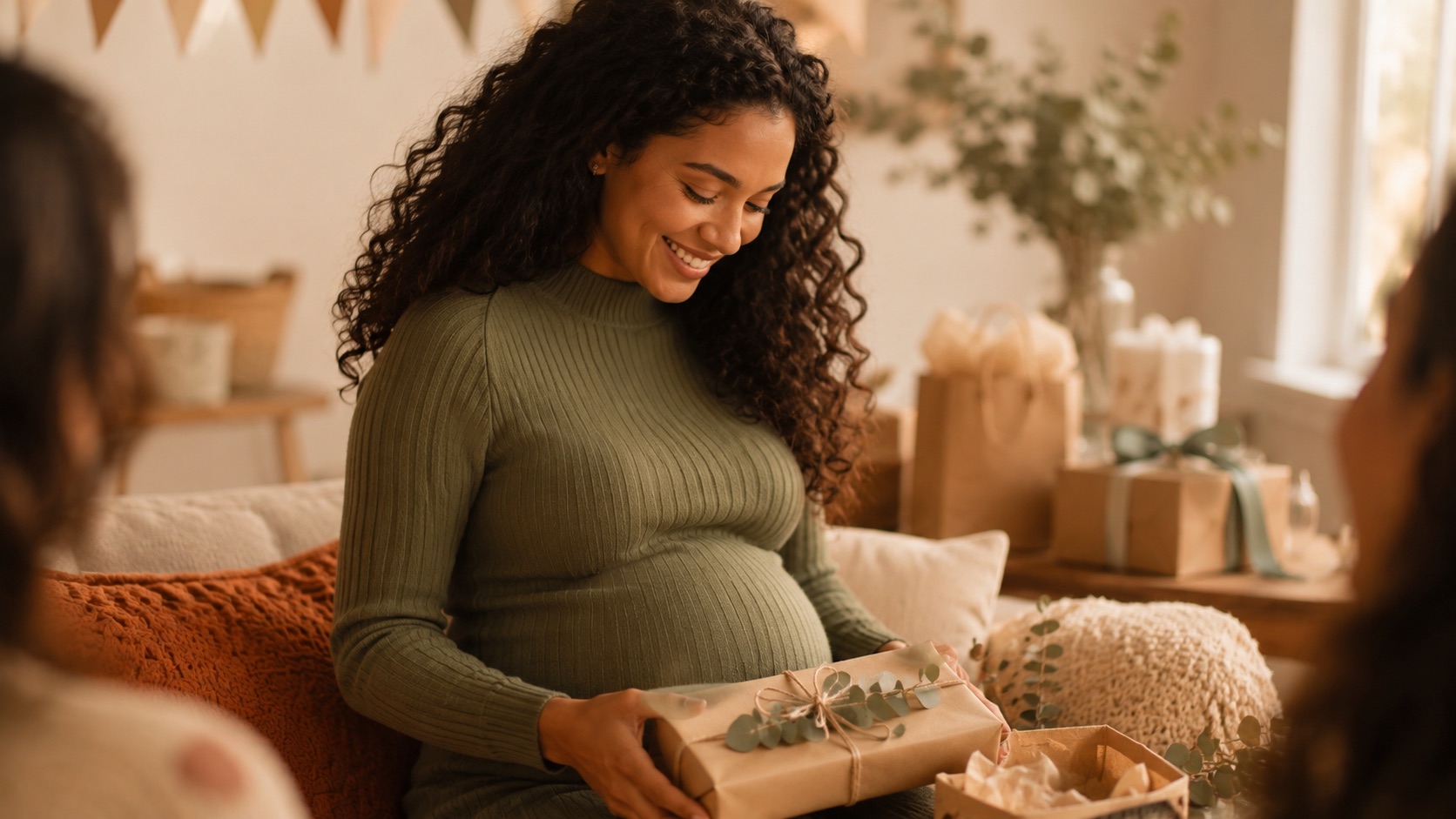 Zwangere vrouw houdt een ingepakt cadeau vast tijdens een babyshower