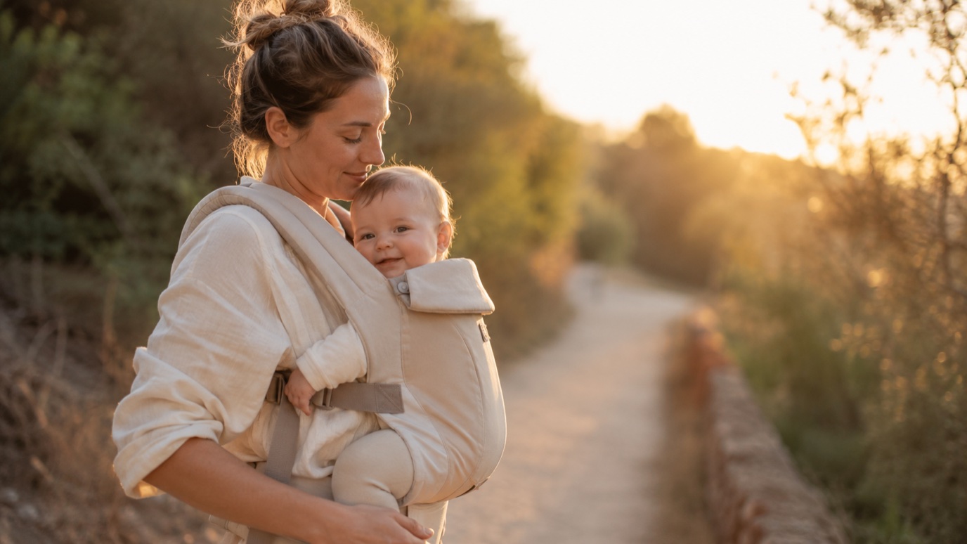 Mutter trägt ihr Baby in einer ergonomischen Babytrage auf einem Spaziergang