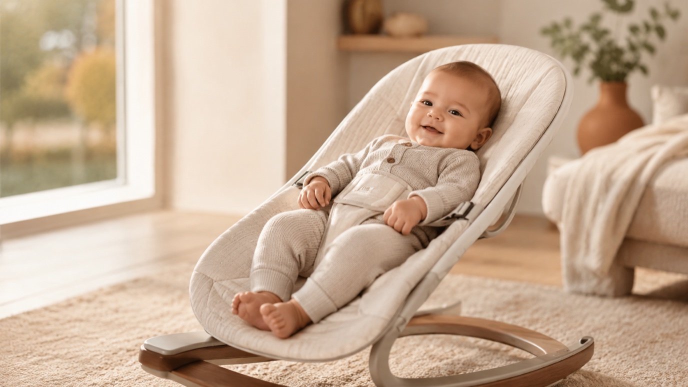 Zufriedenes Baby liegt in einer modernen Babywippe im hellen Wohnzimmer