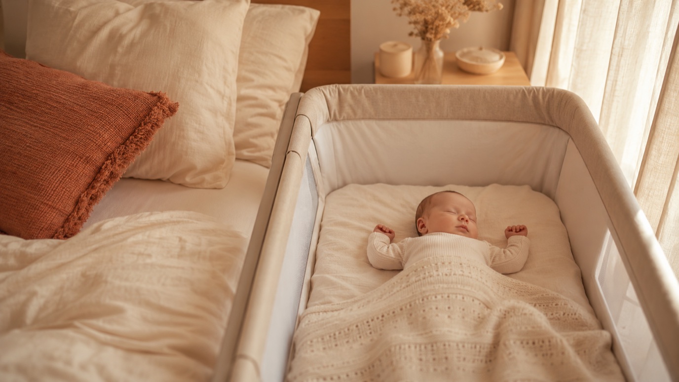 Neugeborenes schläft in einem Beistellbett direkt am Elternbett