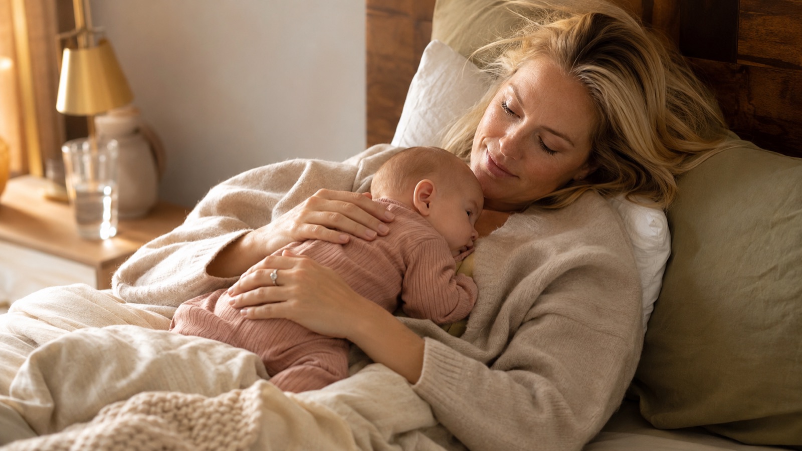 Een moeder rust met haar baby tegen haar schouder in een fauteuil