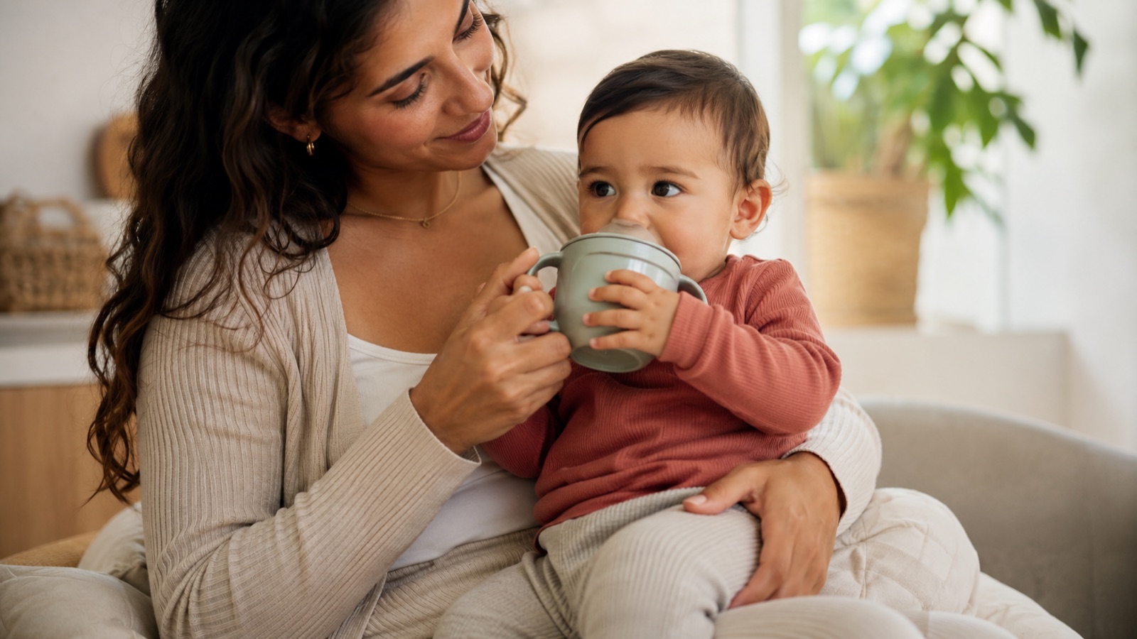 Een moeder speelt met haar oudere baby die een drinkbeker vasthoudt