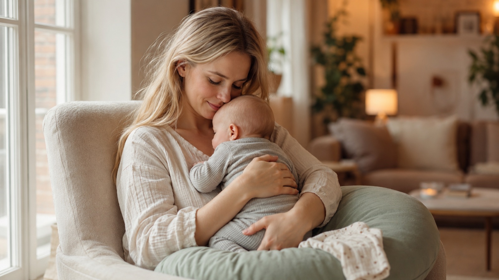 Een moeder houdt haar pasgeboren baby dicht tegen zich aan in een lichte woonkamer