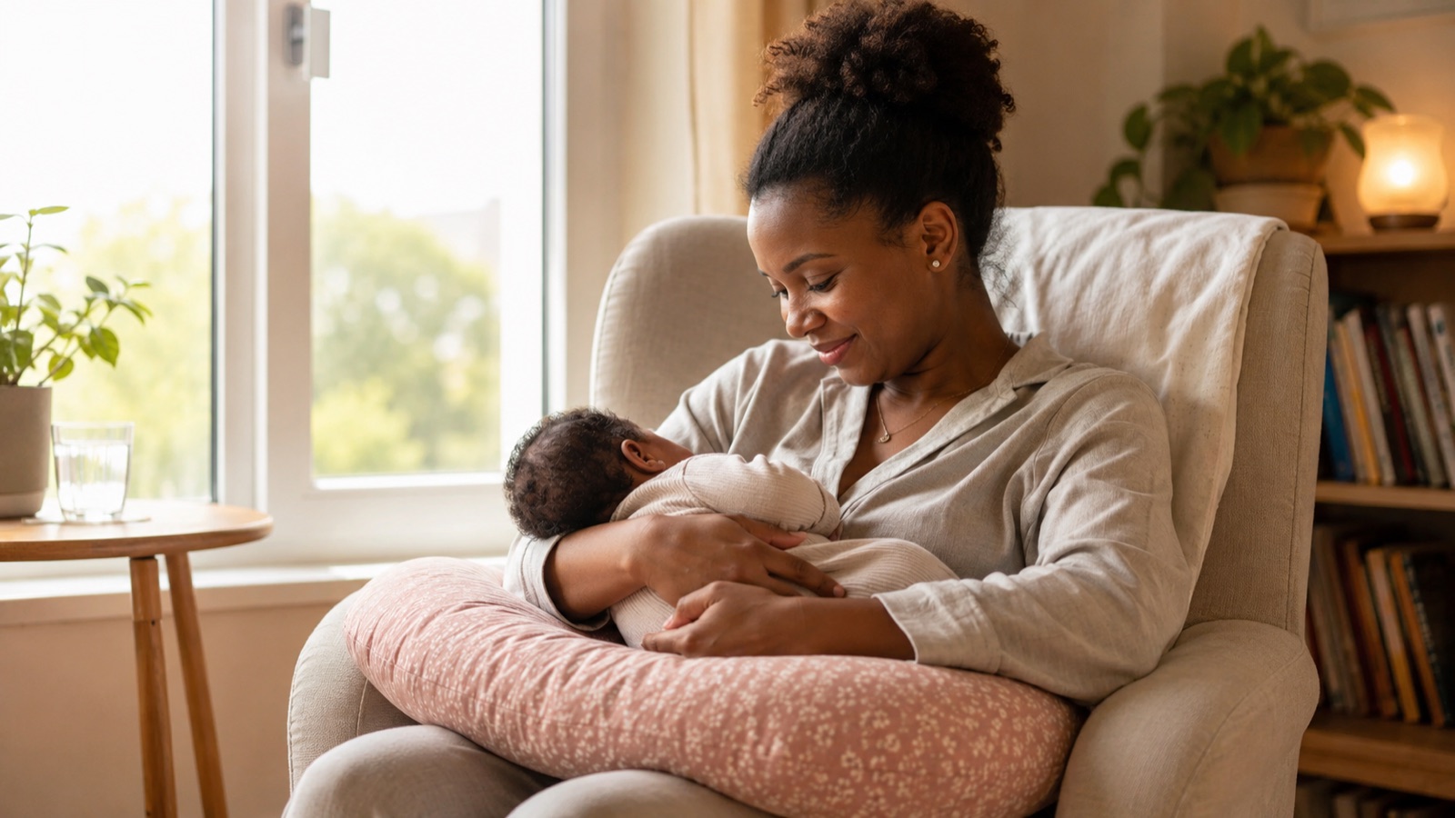 Een moeder legt haar baby comfortabel aan op een voedingskussen