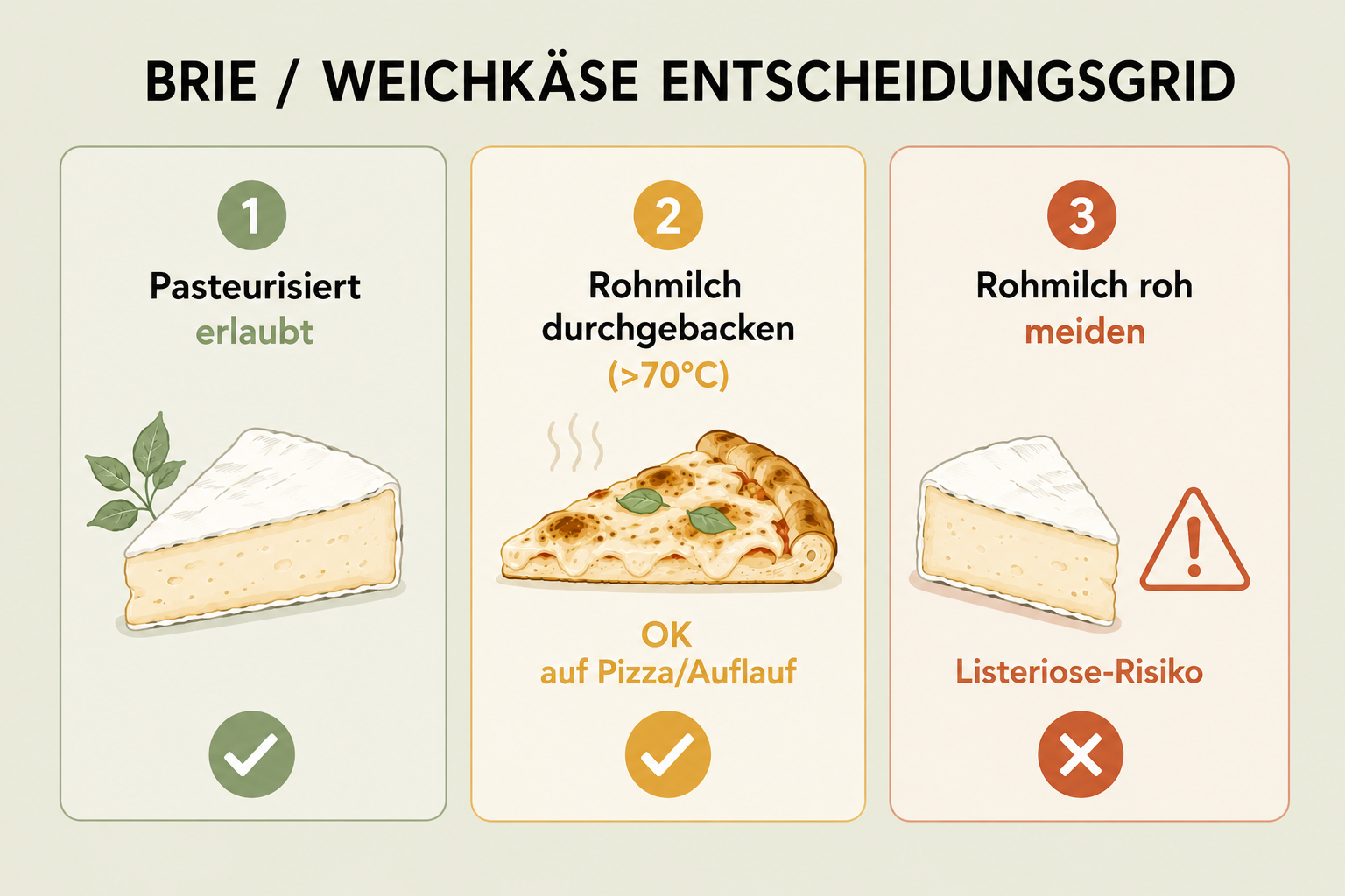 Brie und Weichkäse: pasteurisiert ja, Rohmilch nur durchgebacken Infografik