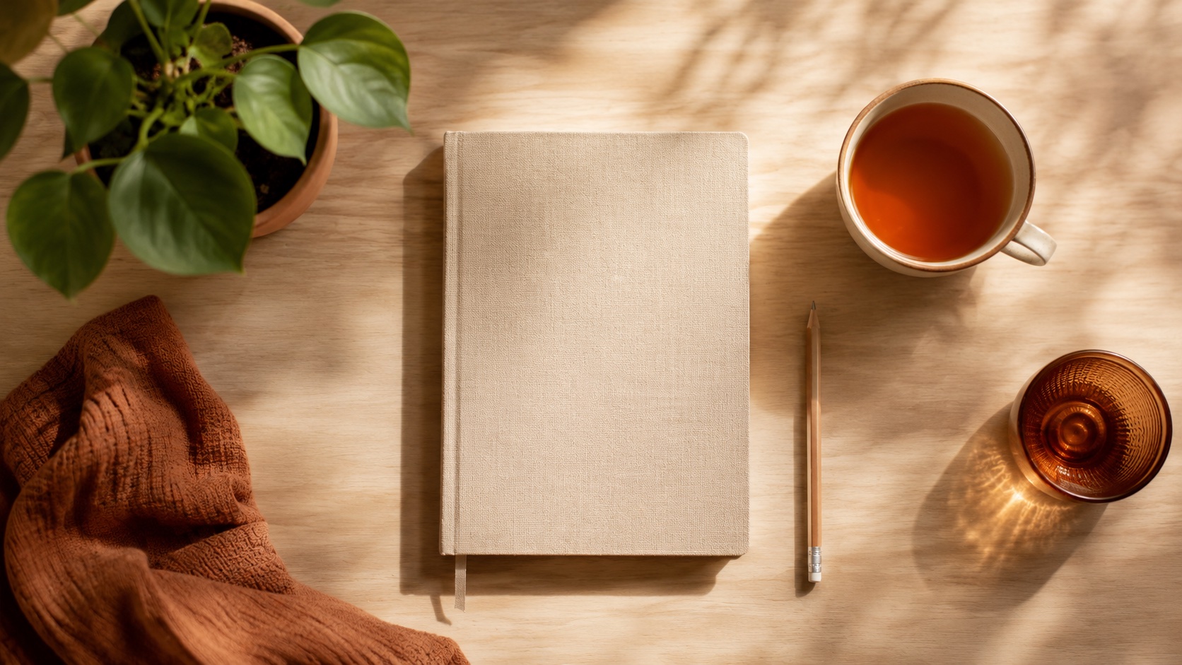 Une personne ecrit dans un carnet ouvert pres d'une tasse de the, lumiere doree.