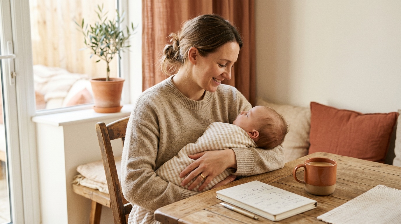 Elternteil hält Baby am sonnigen Tisch mit Notizbuch