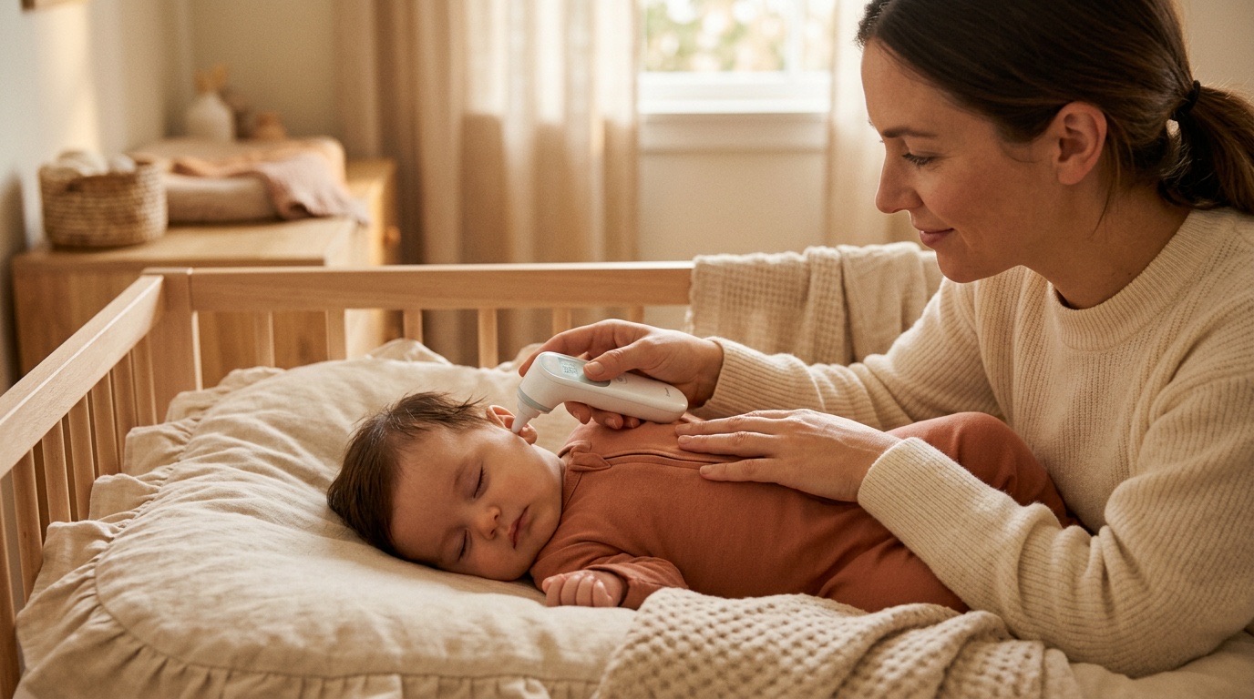 Mutter misst sanft die Temperatur ihres Babys mit einem digitalen Fieberthermometer