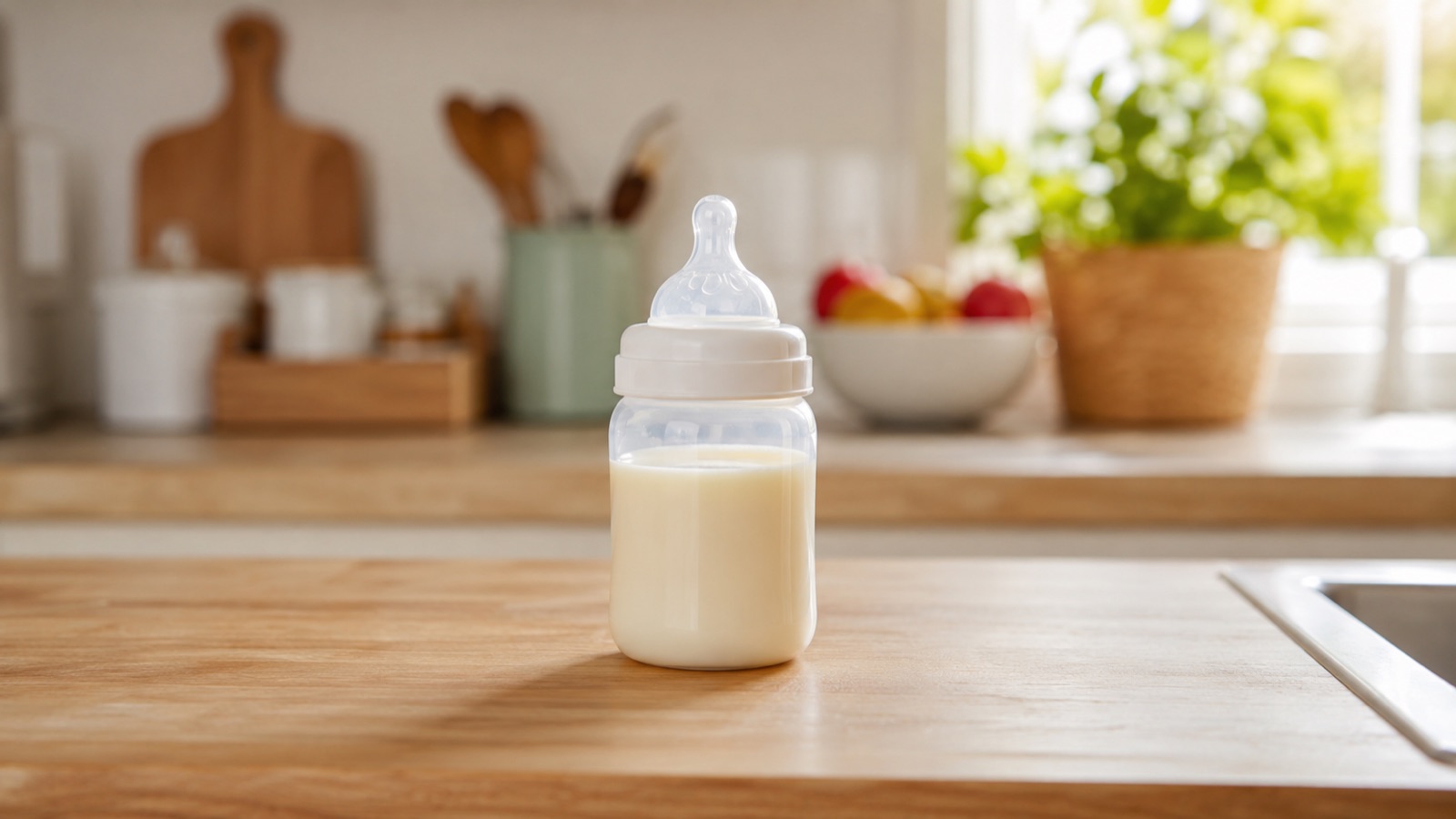 Babyfles met melk naast een neutrale bus zuigelingenvoeding op een aanrecht