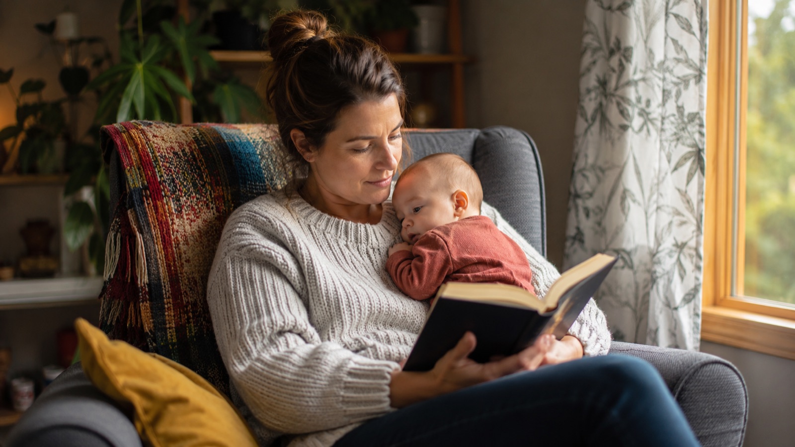 Moeder leest een boek terwijl haar baby rustig tegen haar aan ligt