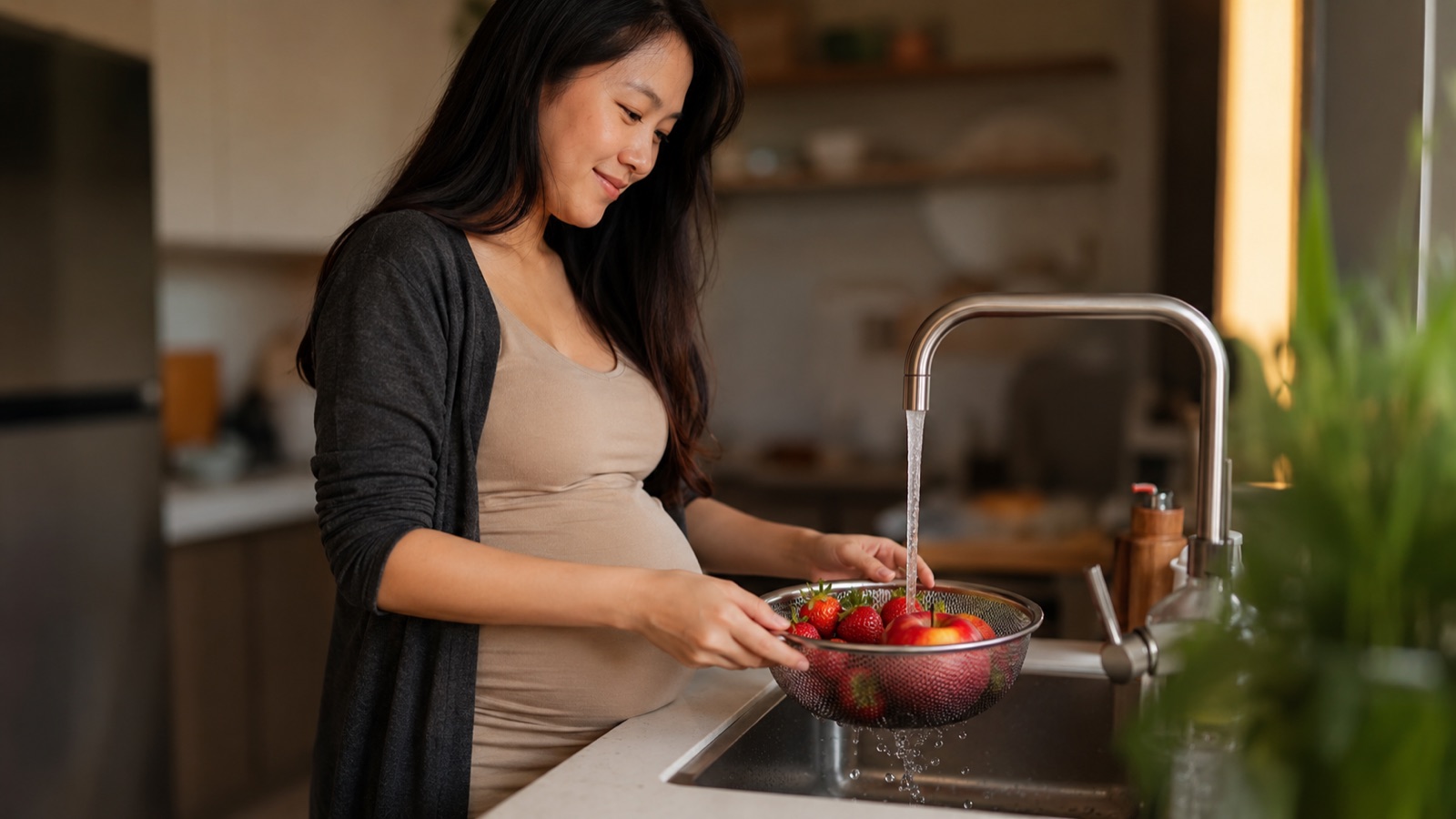 Zwangere vrouw wast vers fruit onder stromend water bij de gootsteen