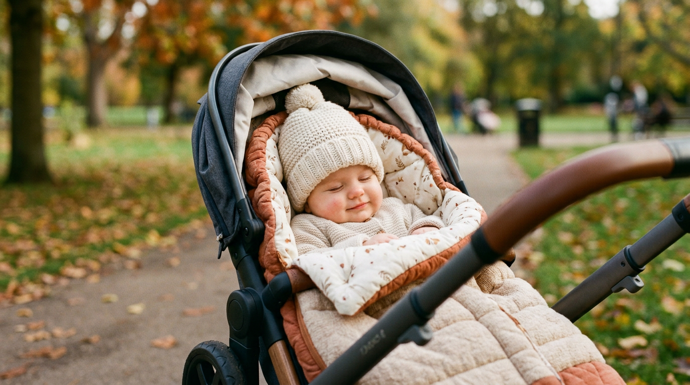 Baby liegt eingekuschelt in einem Fußsack im Kinderwagen