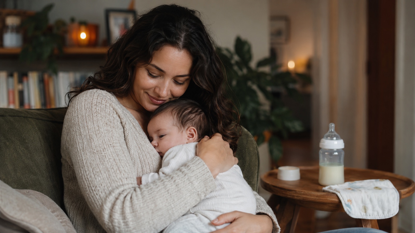 Moeder geeft haar baby borstvoeding met een klaargemaakte fles op het bijzettafeltje