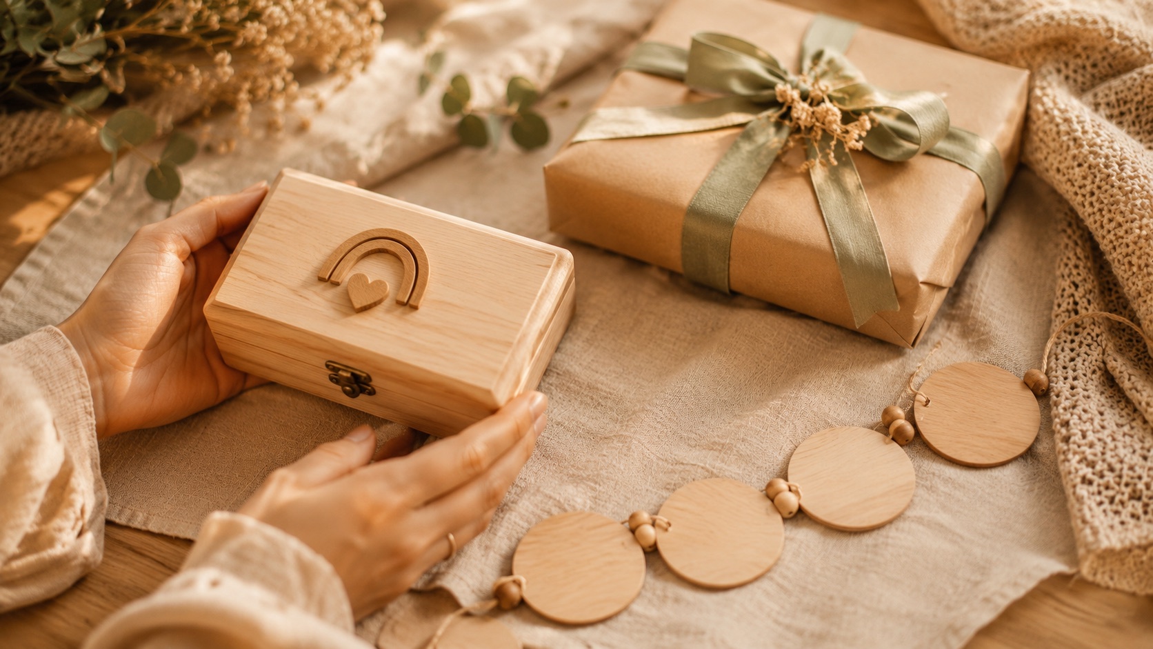 Handen die een houten keepsake-kistje vasthouden naast een ingepakt gepersonaliseerd kraamcadeau