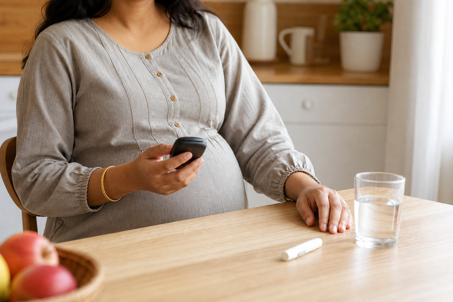 Zwangere vrouw houdt haar bloedsuiker bij aan tafel, met fruit en water