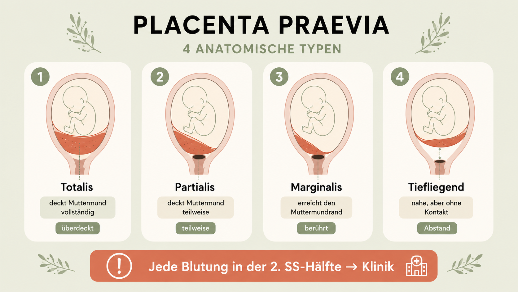 Plazenta praevia: jede Blutung in der 2. SS-Hälfte gehört in die Klinik Infografik