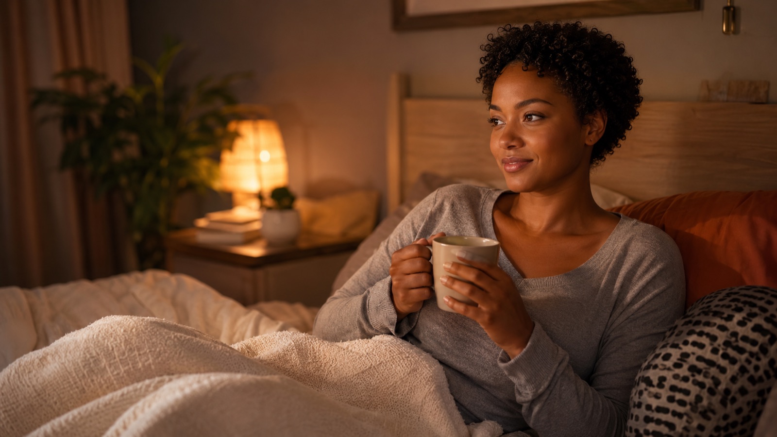 Vrouw rust enkele dagen na de bevalling uit op de bank met een kopje thee en een deken