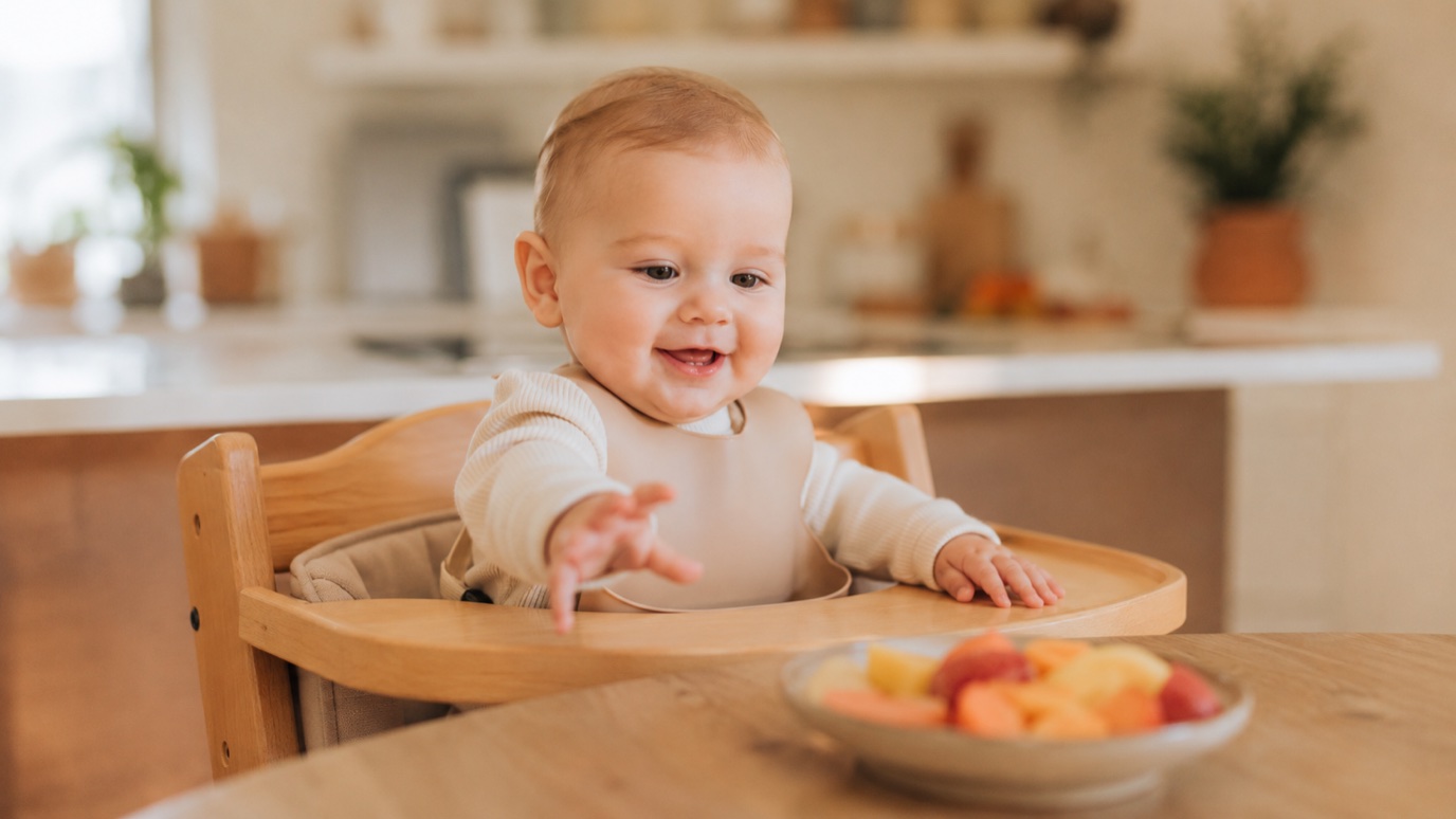 Baby sitzt fröhlich in einem Hochstuhl am Esstisch und greift nach Obst