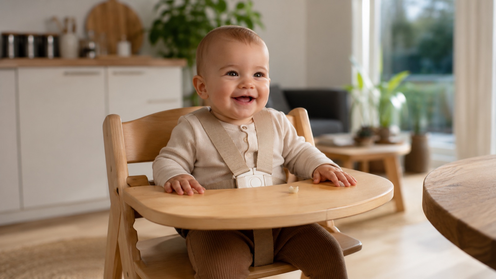 Baby sitzt fröhlich in einem Hochstuhl am Esstisch und greift nach Obst