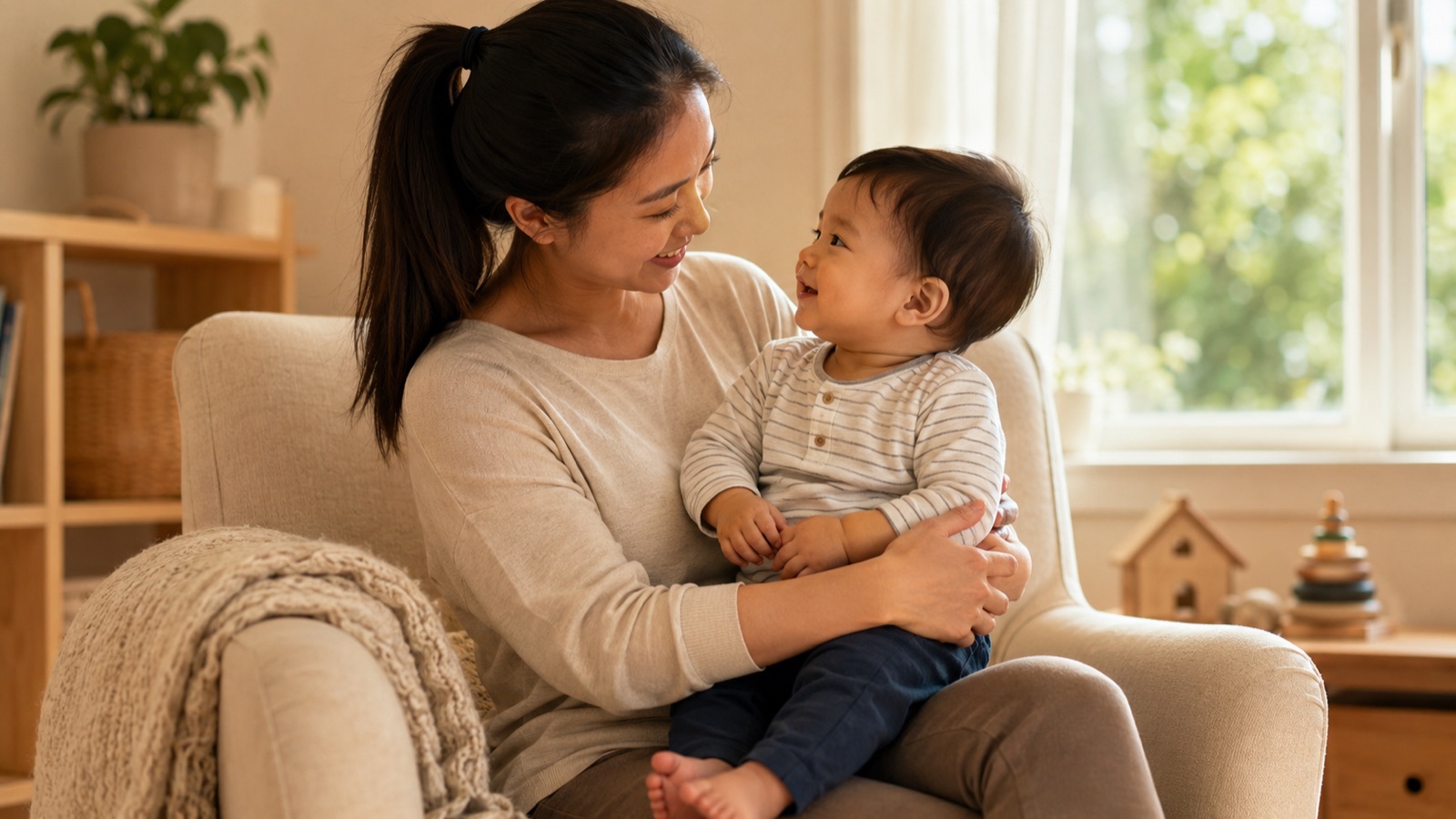 Een moeder houdt haar baby dicht tegen zich aan in een lichte woonkamer