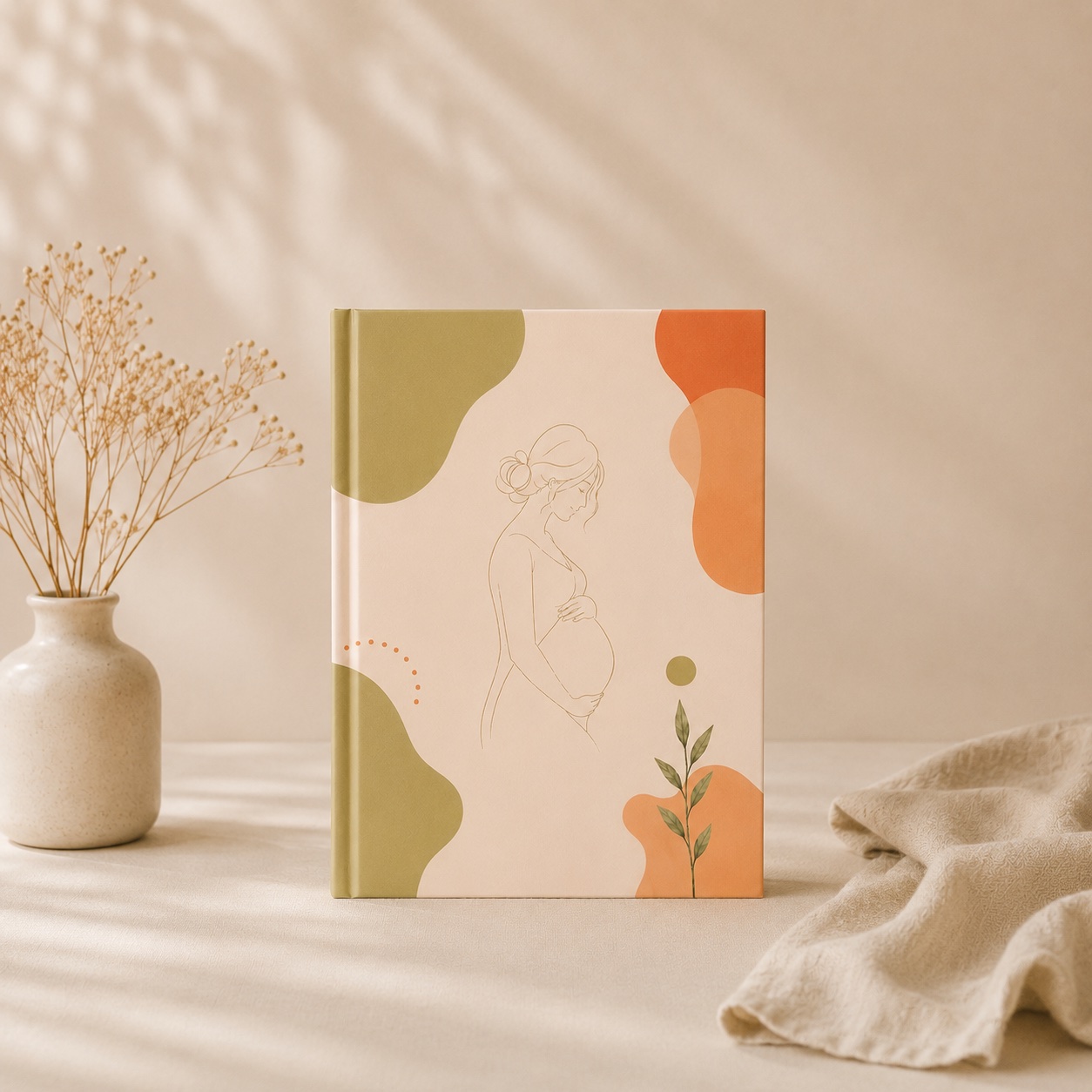 Zwangerschapsdagboek van Mamenza op tafel met vaas en handdoek