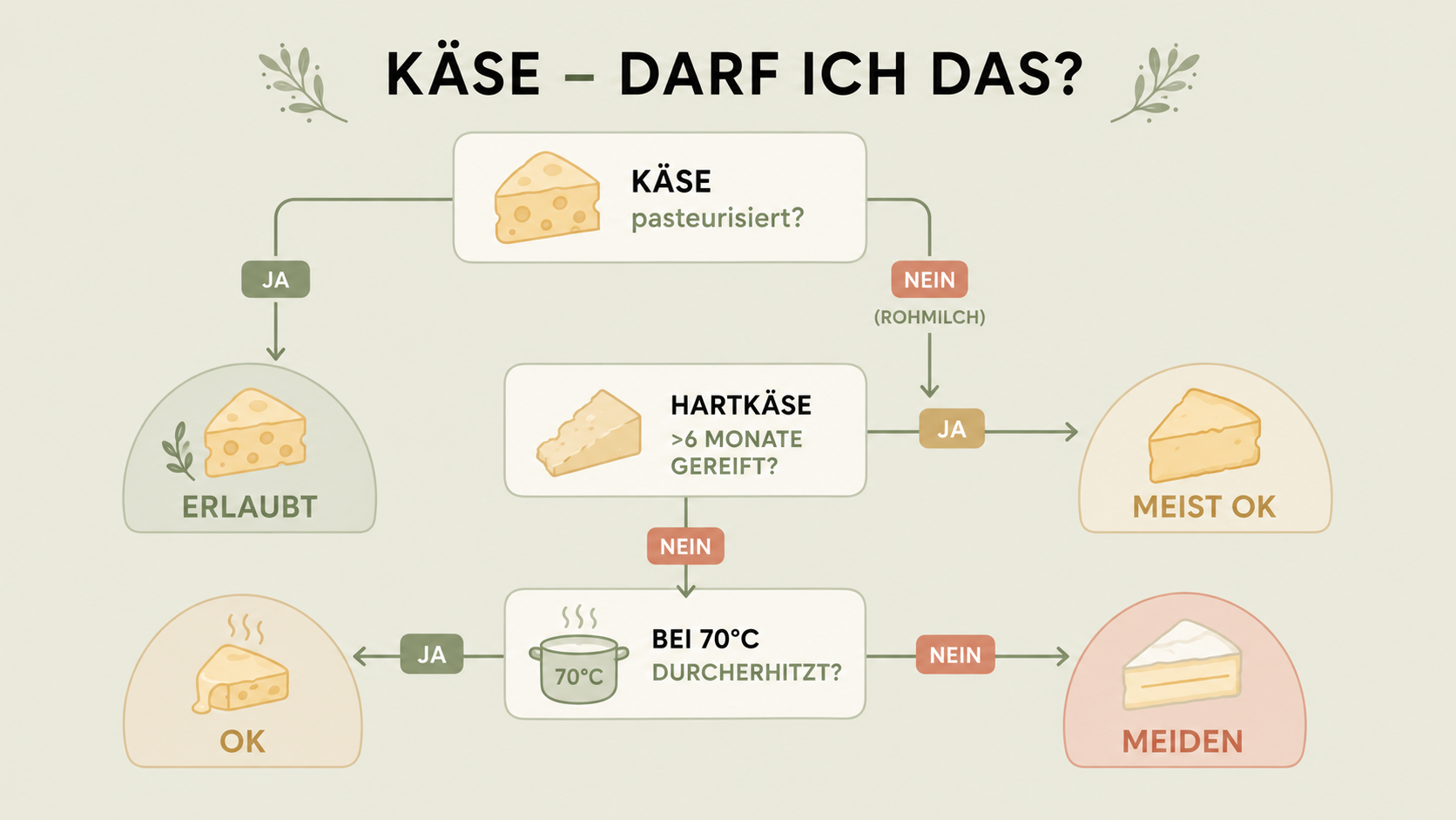 Käse in der Schwangerschaft: 70 Grad oder pasteurisiert ist die Faustregel Infografik