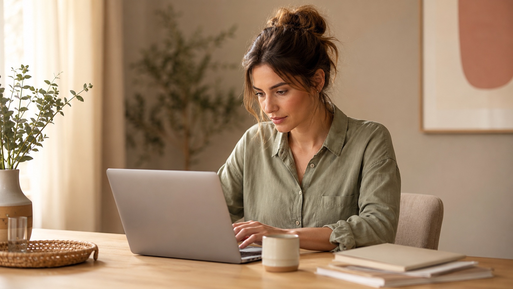 Eine Mutter sitzt konzentriert mit Laptop und einigen Unterlagen am Tisch und stellt einen Antrag.
