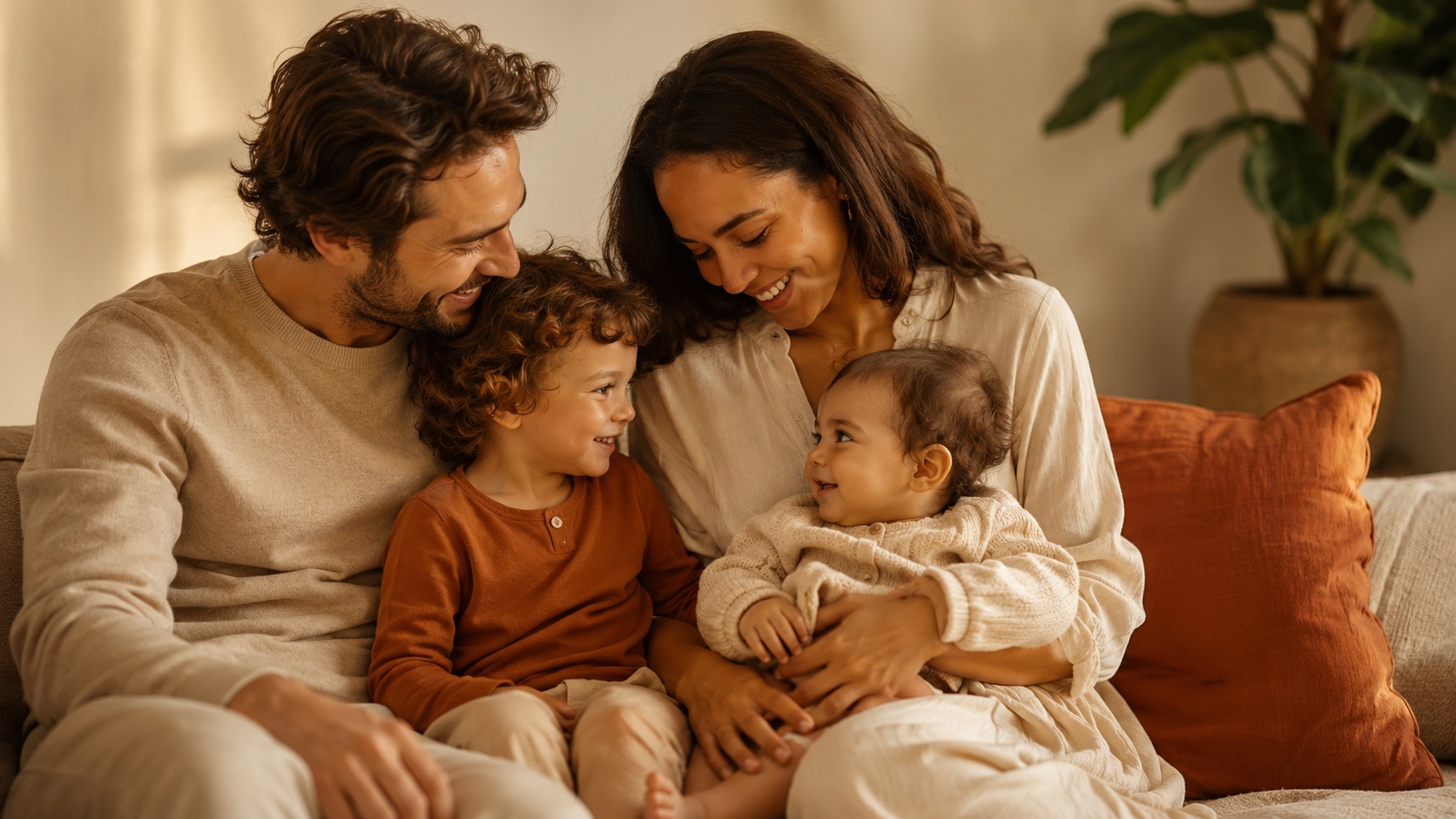 Eine junge Familie mit zwei kleinen Kindern sitzt entspannt zusammen auf dem Sofa im Wohnzimmer.
