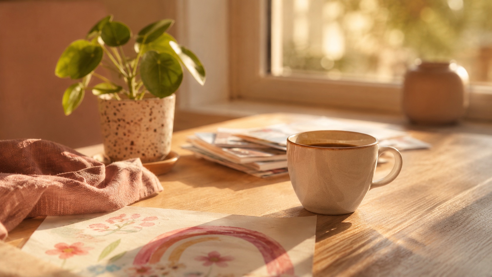 Sonniger Frühstückstisch am Fenster mit Kaffeetasse, kleiner Zimmerpflanze, Kinderzeichnung und einem Stapel Post.