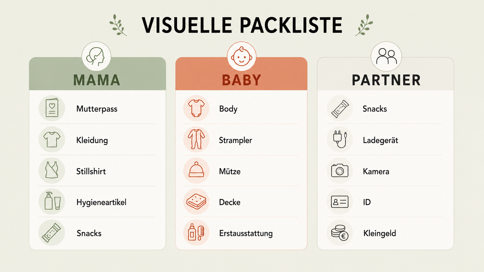 Kliniktasche packen: Liste für Mama, Baby, Partner Infografik