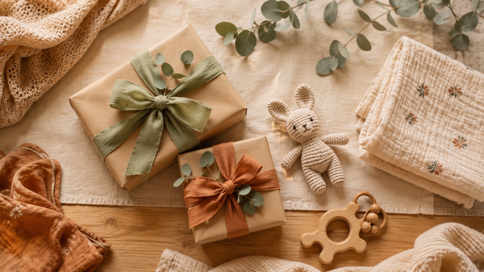 Ingepakte kraamcadeaus met een gebreid konijntje en houten speeltjes in warme tinten