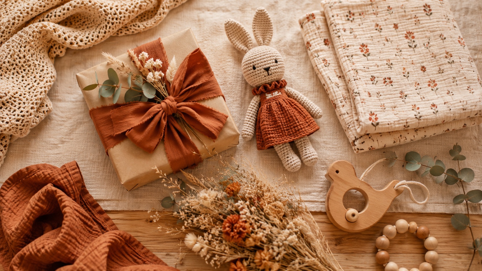 Kraamcadeau voor een meisje met een gebreid konijntje en droogbloemen in terracotta tinten
