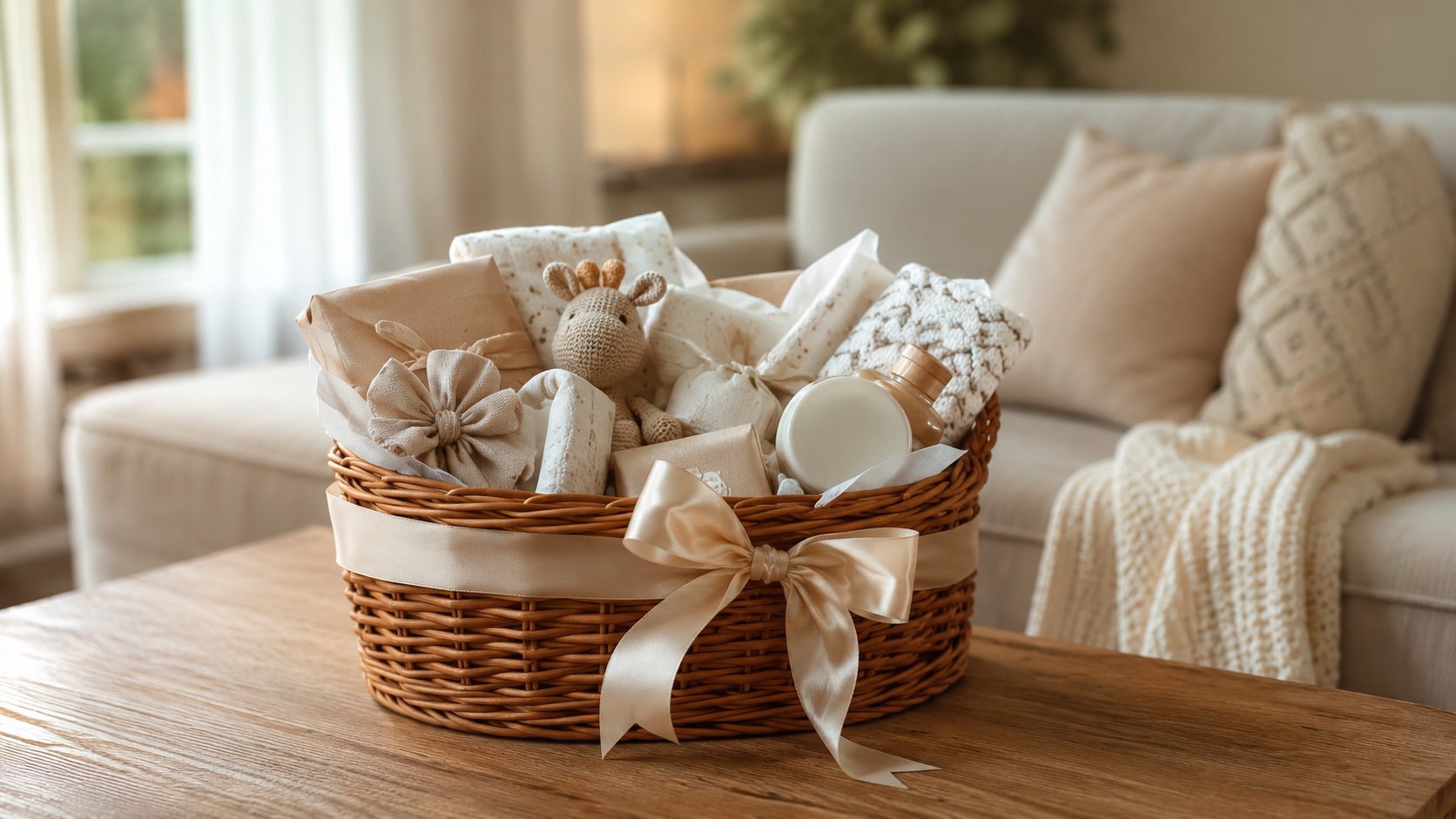 Kraamcadeau pakket in rieten mand met babyknuffel en verzorgingsproducten