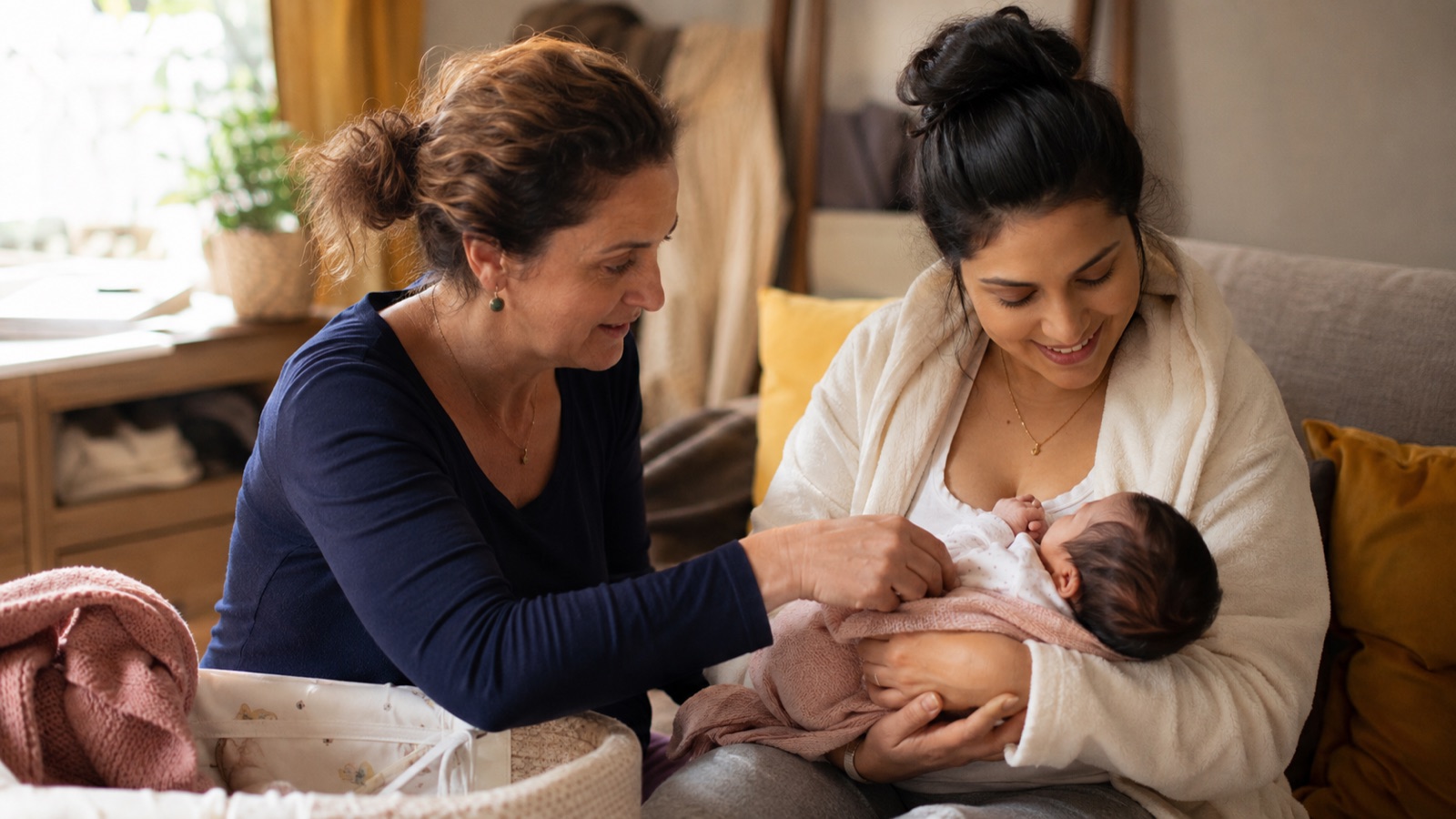 Kraamverzorgende helpt een jonge moeder thuis bij de verzorging van haar pasgeboren baby