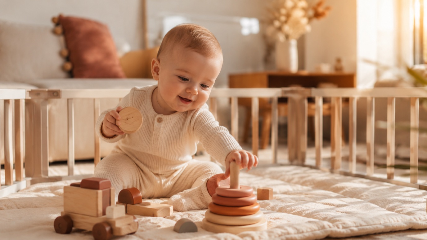 Baby spielt mit Holzspielzeug in einem modernen Laufstall