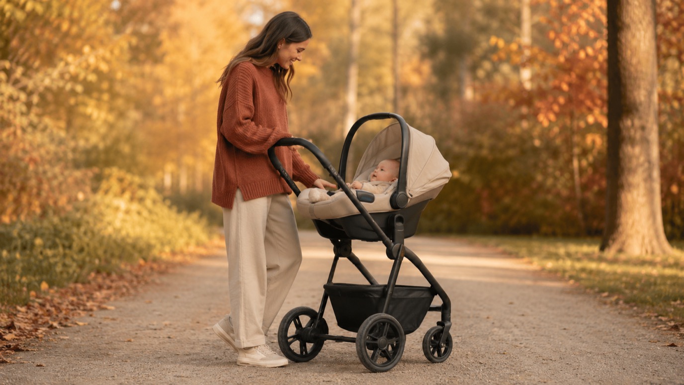 Babyschale als Travelsystem auf ein Kinderwagengestell geklickt