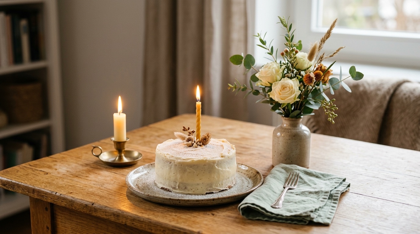 Kleine Torte mit Kerzen, Blumen und Serviette auf einem festlich gedeckten Holztisch
