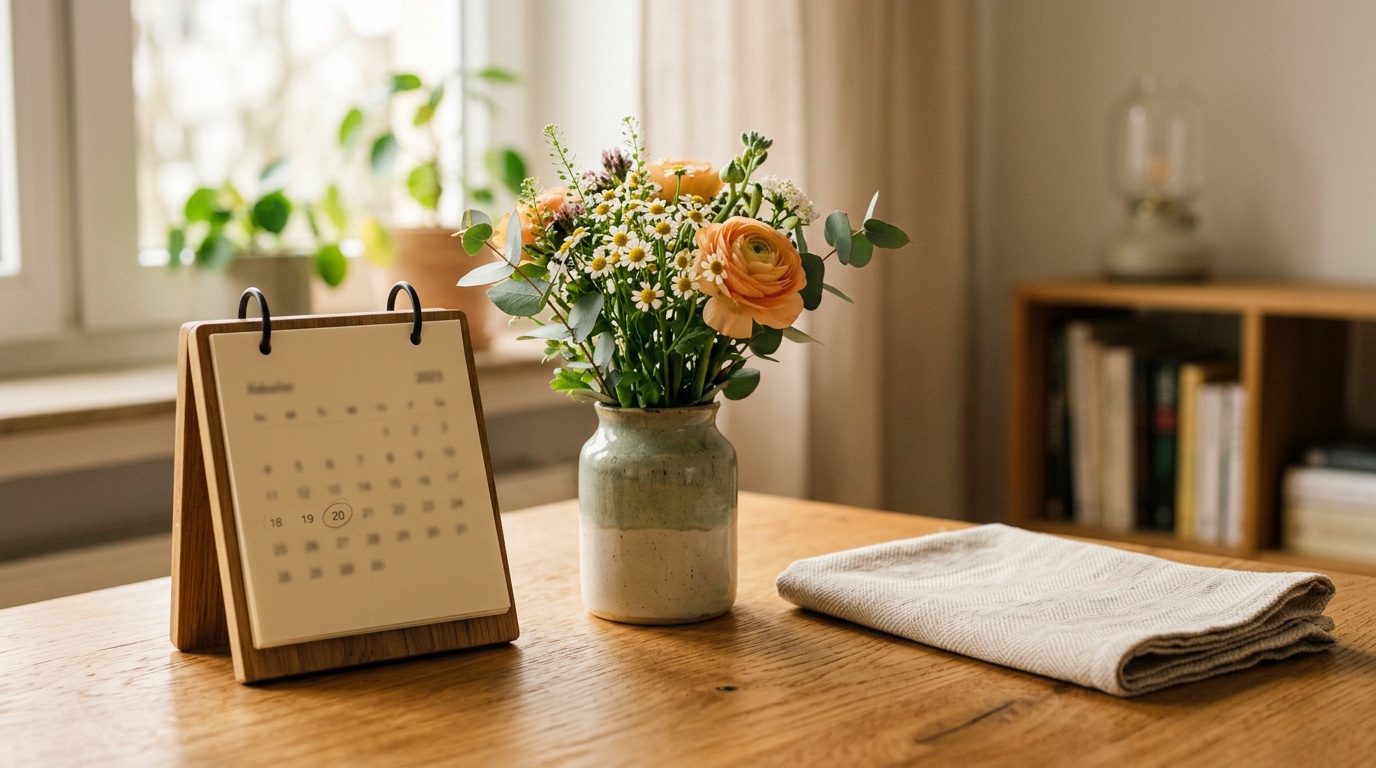 Tischkalender mit markiertem Tag, Blumenstrauss und Leinentuch auf einem Holztisch