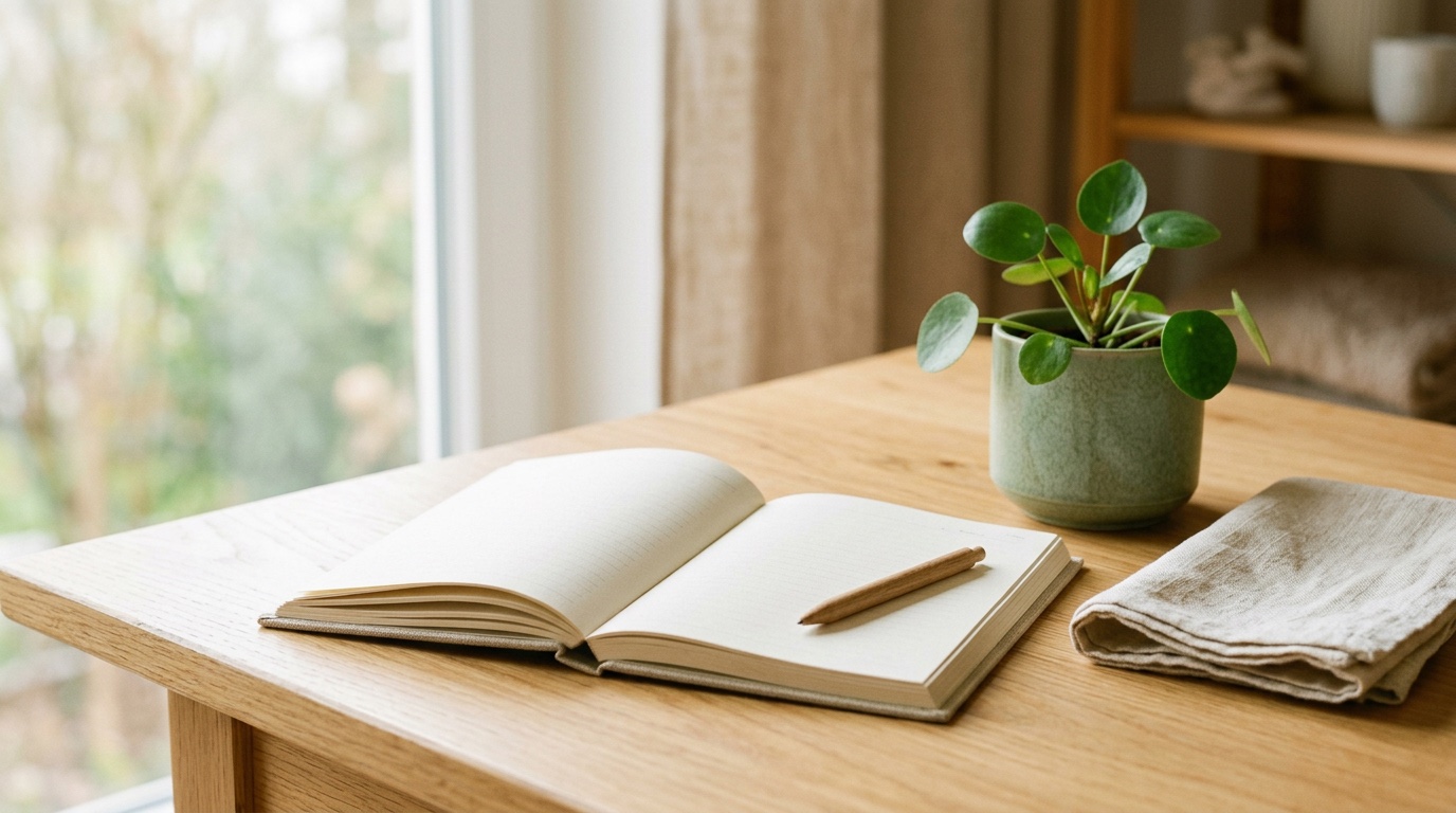 Aufgeschlagenes Notizbuch mit Stift, kleiner Pflanze und Leinentuch auf einem hellen Holztisch am Fenster