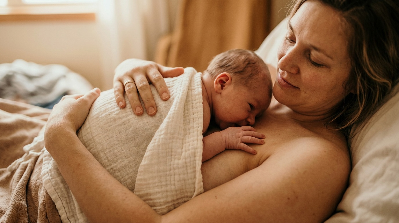 Pasgeboren baby huid-op-huid bij de moeder