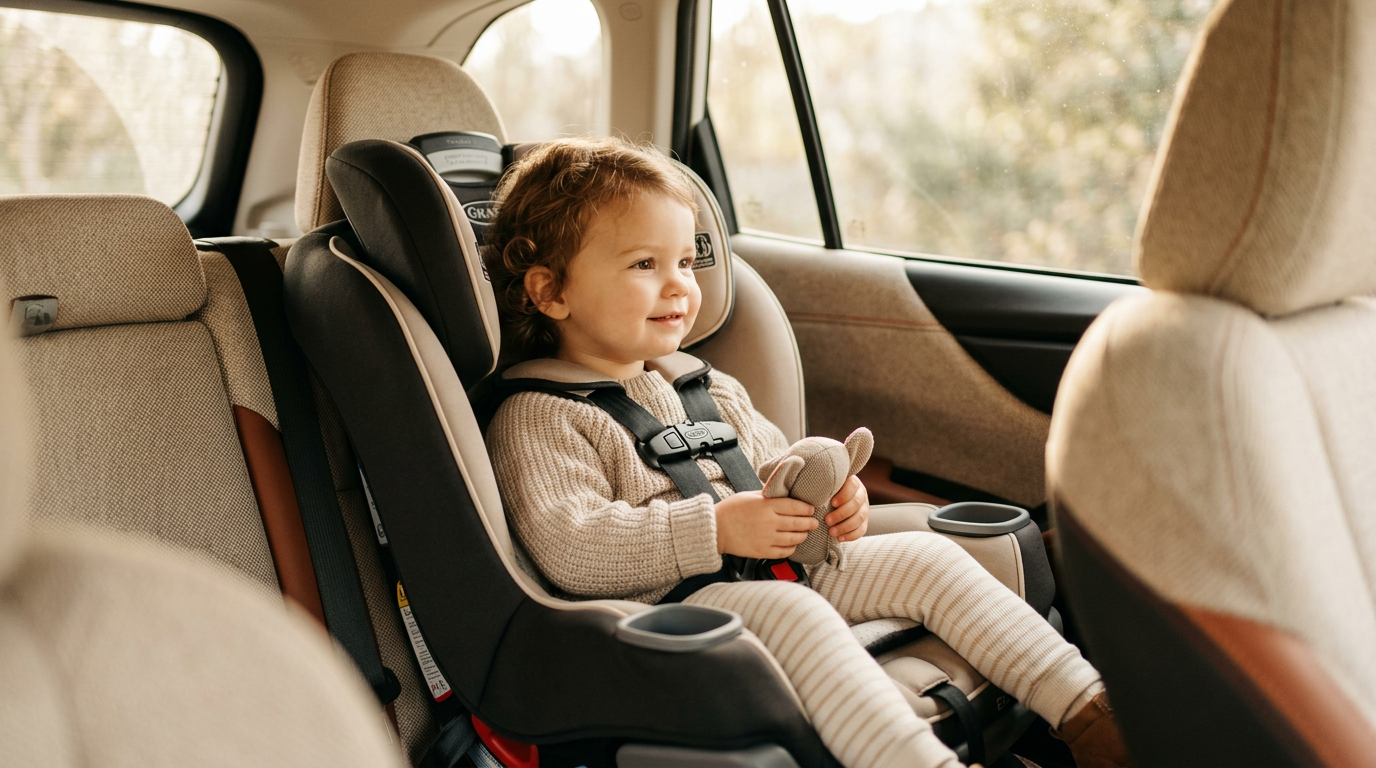 Kleinkind sitzt sicher angeschnallt in einem Kindersitz im Auto
