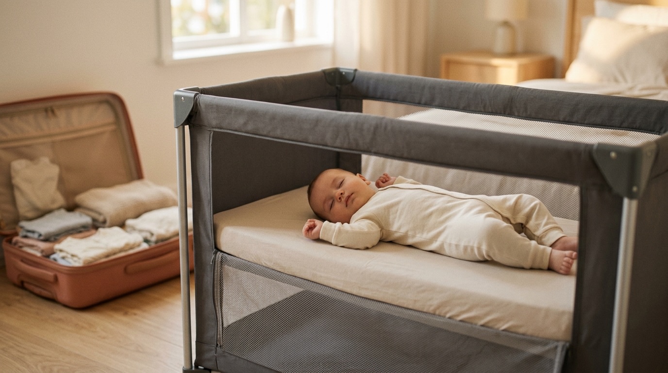 Baby schläft friedlich in einem modernen Reisebett im hellen Schlafzimmer