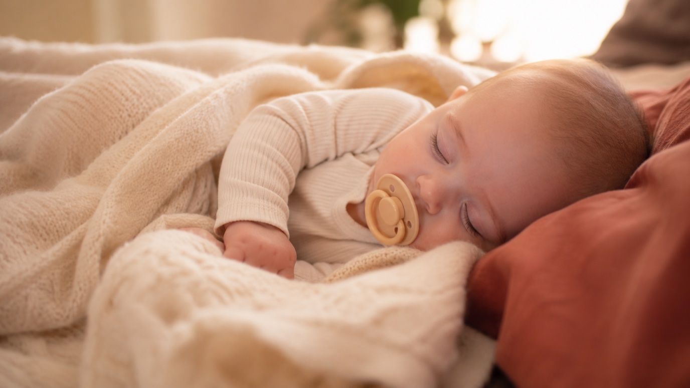 Ruhig schlafendes Baby mit Schnuller, eingekuschelt in eine weiche Decke