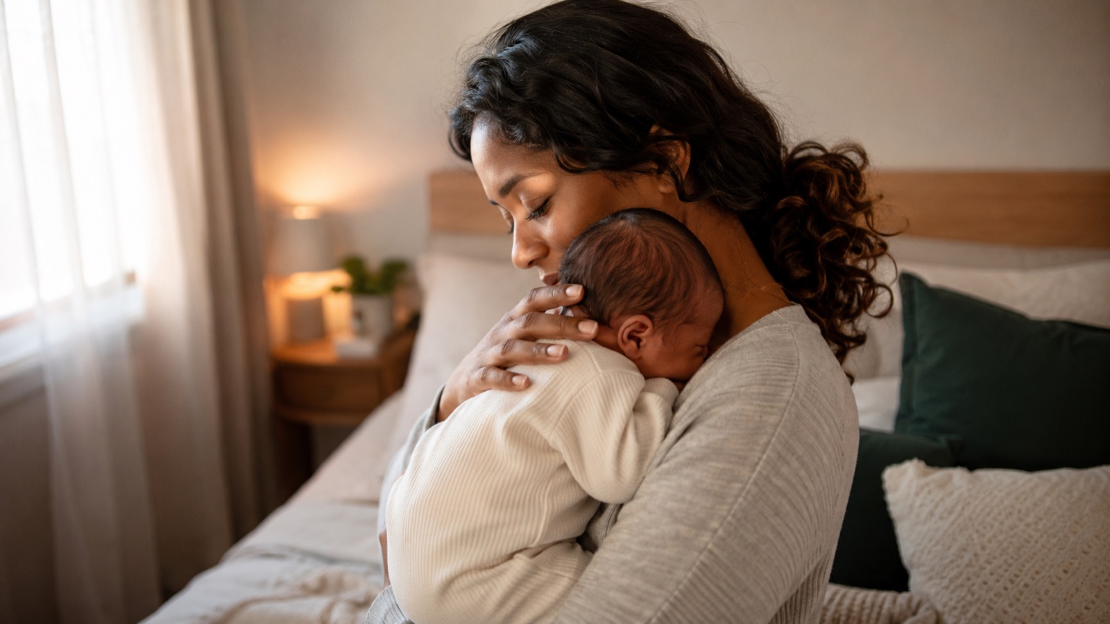 Een moeder rust met haar slapende pasgeboren baby tegen haar schouder in een fauteuil