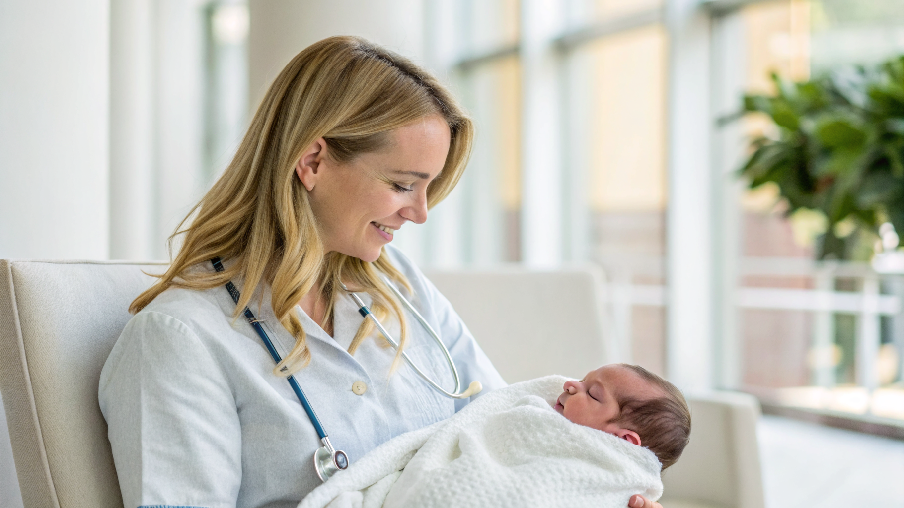 Jeugdverpleegkundige houdt een pasgeboren baby vast op het consultatiebureau
