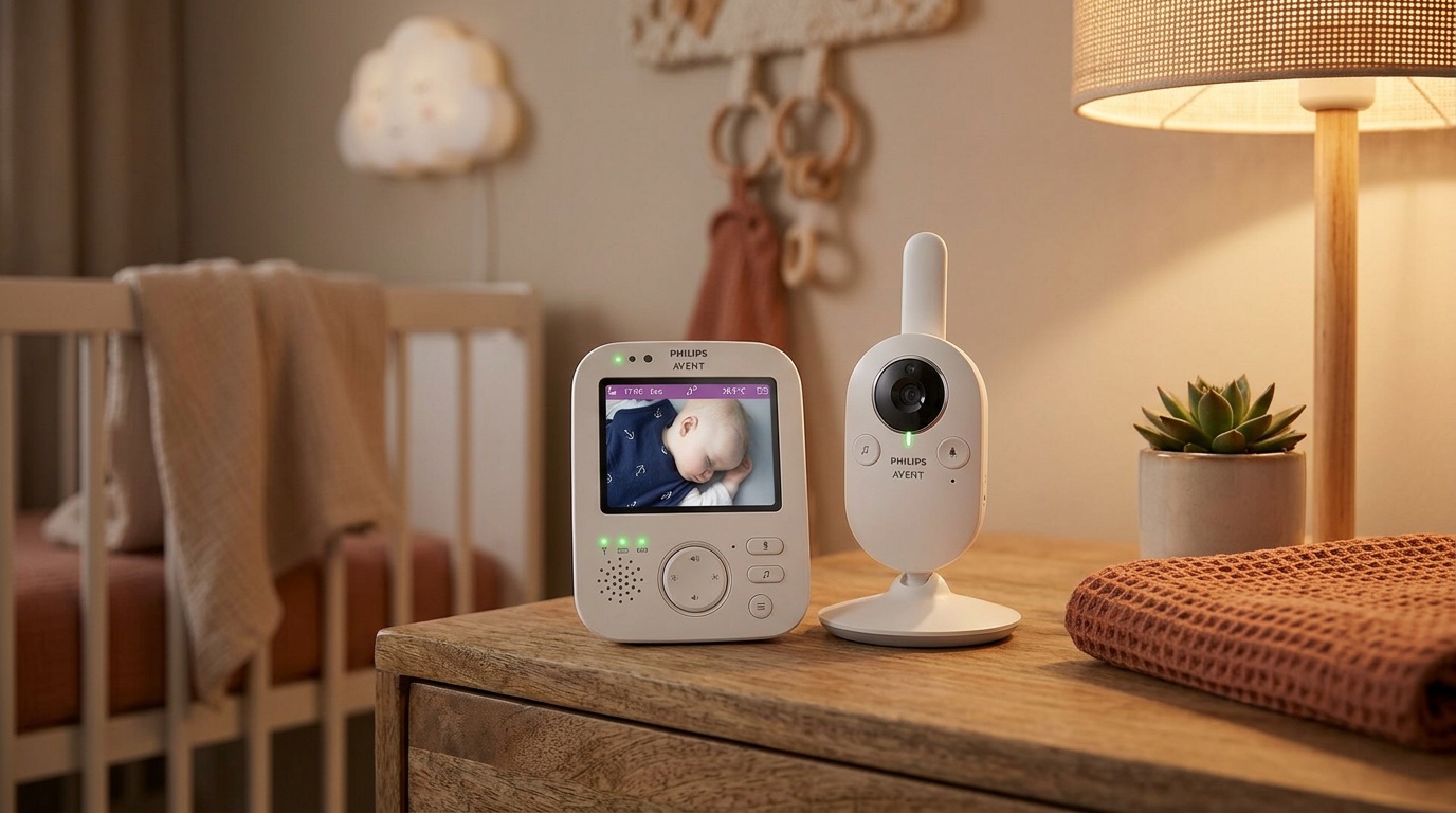 Video-Babyphone mit Kamera und Elterneinheit auf einem Nachttisch im warm beleuchteten Kinderzimmer